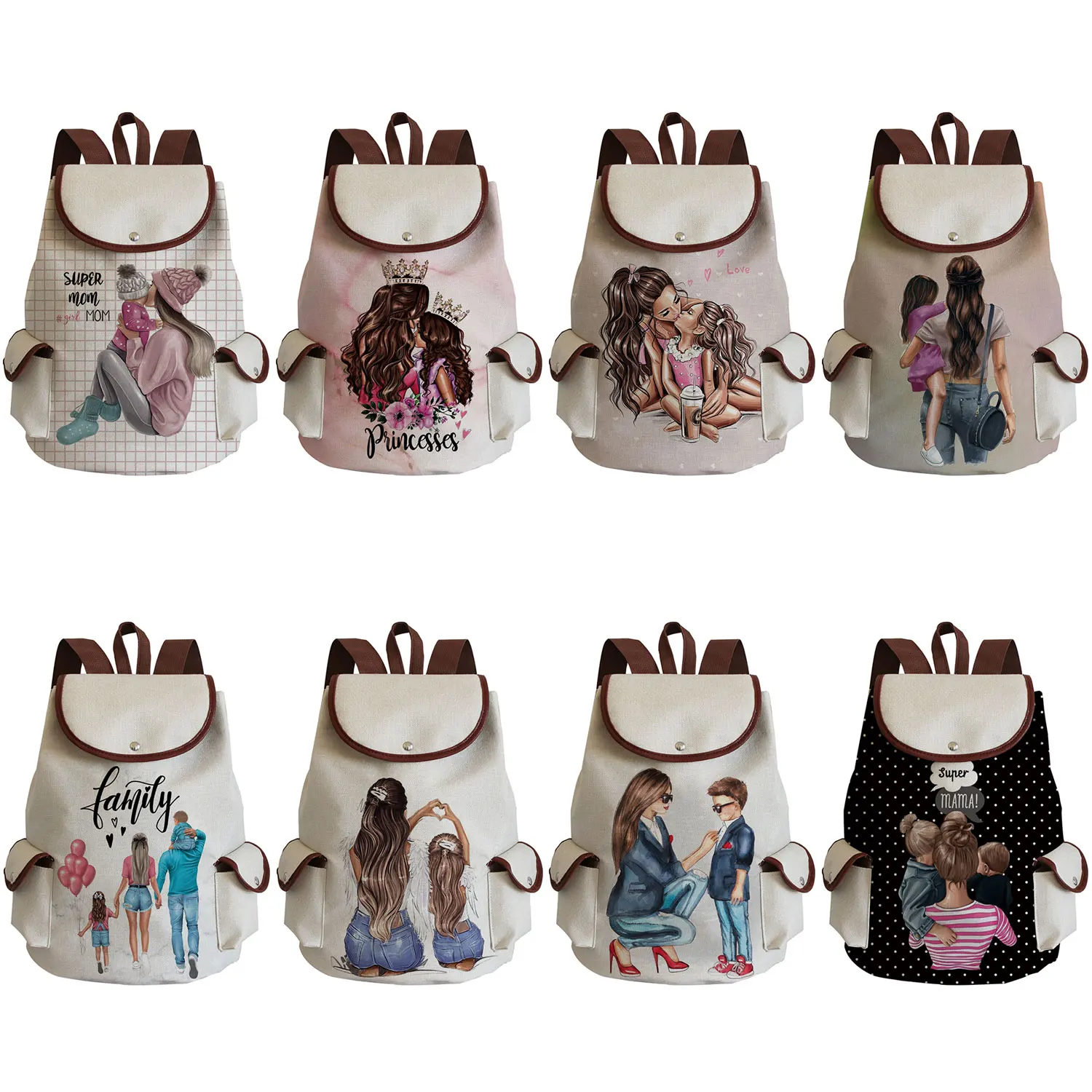 

High Capacity Drawstring Bags Cartoon Super Mama Printed Backpack Mom and Baby Graphic Backpack Girl Teens Book Bag