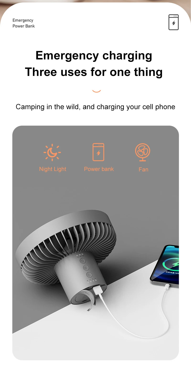 Multifunctional Fan USB Rechargeable Portable Fan Outdoor Camping Ceiling Fan with Led Light and Control 10000mAh