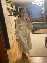 A-Line Dress V-Neck Spring Bishop-Sleeve Satin Simplee Chic Elegant Vintage High-Waist