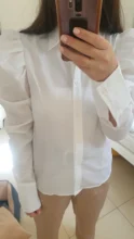 Casual Blouses Office-Shirt Puff-Sleeve Ruched Top White Buttons Collar Turn-Down Streetwear