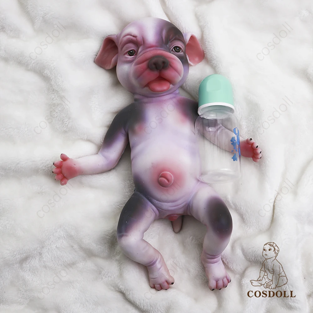 Full silicone reborn baby dog can bath realistically reborn puppies pugs Wear a pacifiers bottles-COSDOLL 35cm my universe puppies