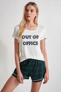 

2 PIECE PLAID PATTERNED WRITING PRINTED SHORT SLEEVE SHORTS SUIT