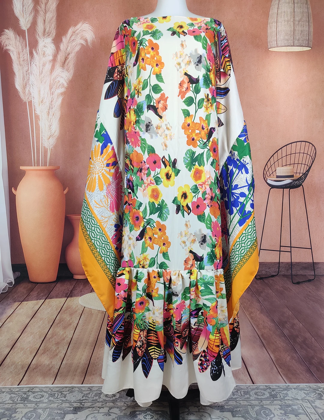 

Kuwait Fashion 2022 Bohemian Summer Cotton Printed Loose Butterfly Kaftan Long Dress Oversize Muslim African Caftan Abaya