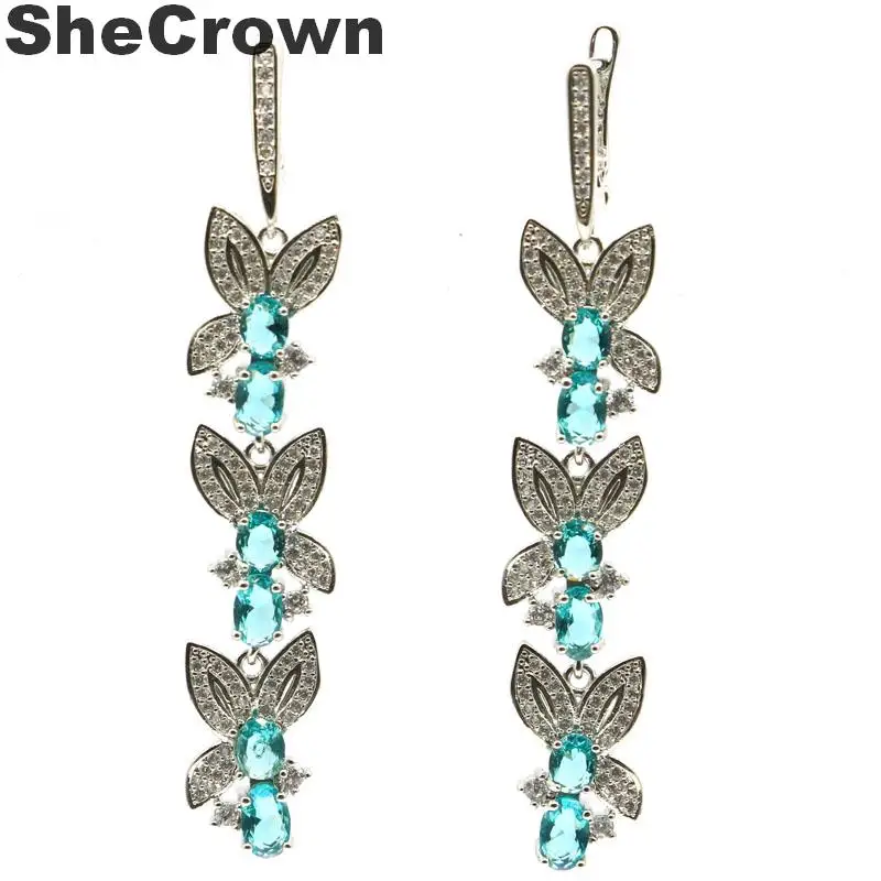 65x11mm Romantic Long Created Rich Blue Aquamarine Natural CZ Silver Earrings