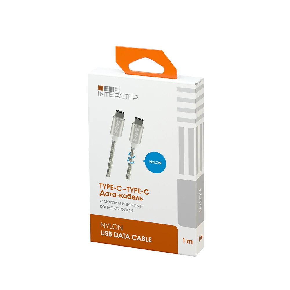 Type-C- Type-C USB 2.0 кабель INTERSTEP нейлон 1,0м, AA,M-M серебряный