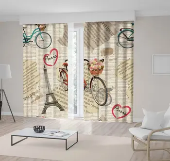 

Curtain Eiffel Tower Bicycle Basket Filled with Roses Heart Shapes Paris Vintage Newspaper Beige Pink Blue Postcard Printed