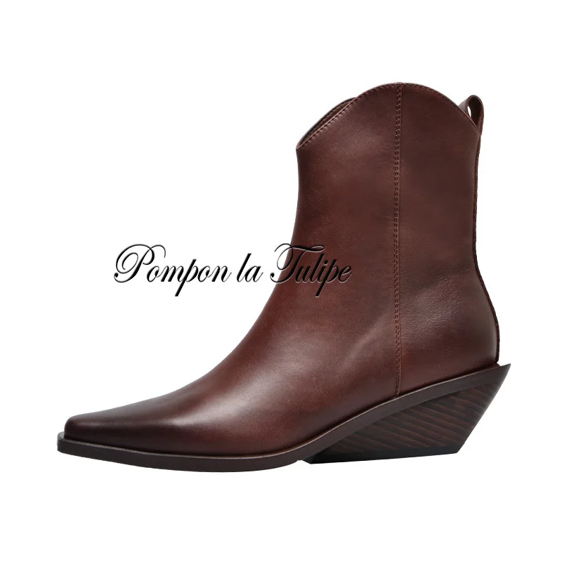 

BHS 9011206 Chic Slipsole Square Tow Genuine Cow Leather 5.5CM Wedge Marching Stylish Zipper Women Fashion Chelsea Boots