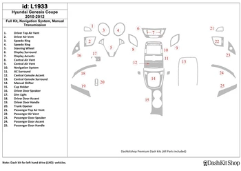 

Interior trim for Hyundai Genesis Coupe 2010-2012. Set L1933.