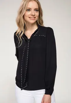 

DeFacto Woman Spring Black White Shirts Women Casual Bowtie Top Shirts Female Sequins Decors Long Sleeve Blouse-I9910AZ18SP