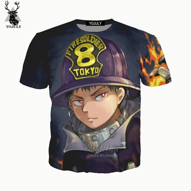 YOJULY, 3D принт, новинка, аниме, Enen No Shouboutai, пожарная команда пламени, для мужчин и женщин, Повседневная футболка Harajuku, футболка, хип-хоп топы, A712