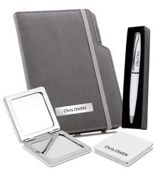 

Gray Notebook, White Ballpoint Pen, White Pocket Mirror, Personalized, Gift