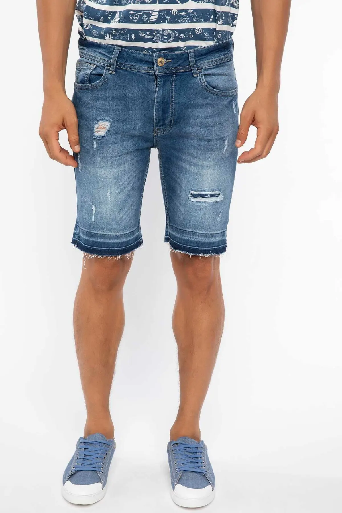 Дефакто летние мужские рваные джинсовые шорты небесно-голубые потертые короткие джинсы деним бермуды I8988AZ18HSNM28-I8988AZ18HS