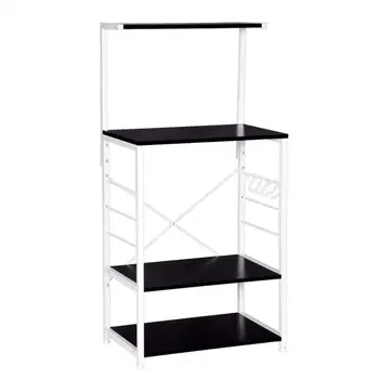 

Heavy Duty Microwave Shelf Cupboard Racks 4 Shelves Storage Kitchen Islands & Trolleys Shelf Black Wood and White Steel 4 Hooks