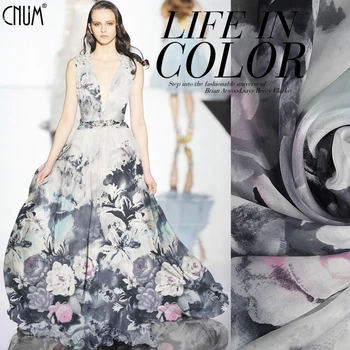 

CNUM SC094 100% Silk Chiffon/Ink and Wash, Flowers/Silk Fabric Thin Transparent/Width 1.48yd Thickness 6mm