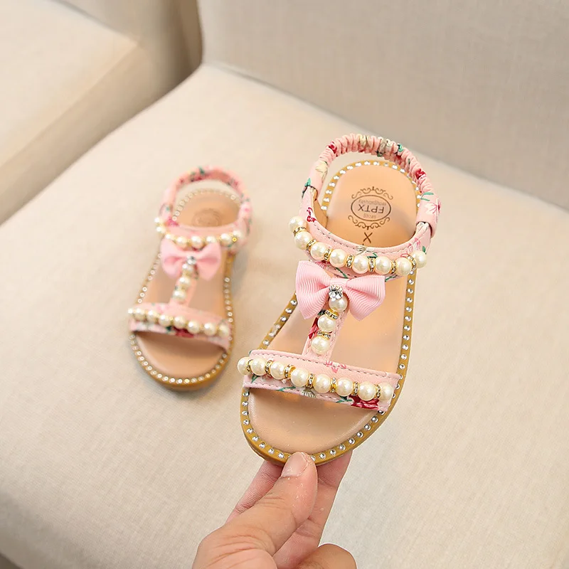 Fashion Girls Sandals Kids Summer Shoes 2022 Elegant Pearl Roman Party Princess Shoe Flats Non-slip Casual Baby Beach Sandals child shoes girl