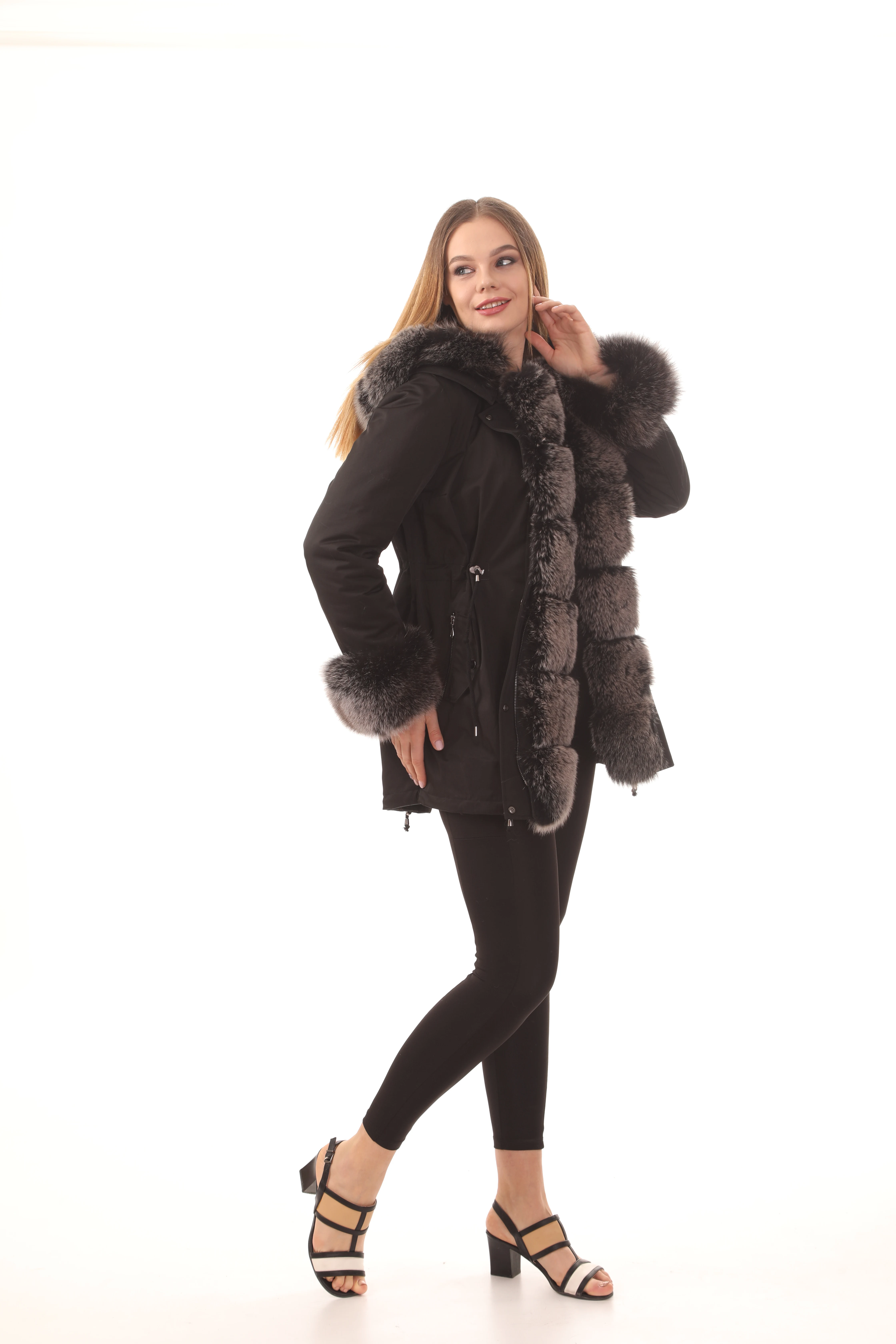 womens long black puffer coat WOMEN FUR JACKET SHORT  FOXFUR BLACK  HOODED FUR POCKETS COAT down puffer coat