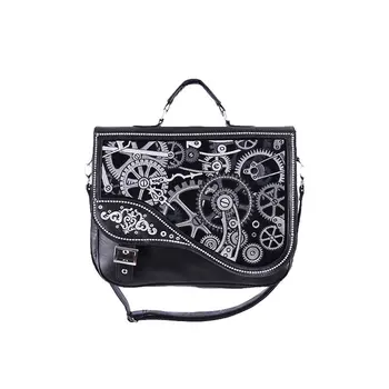 

Tiberio Dark Side RESTYLE Gear Mechanism Embroidered Steampunk Satchel Messenger Bag in Black Synthetic Leather Gothic Punk Rock