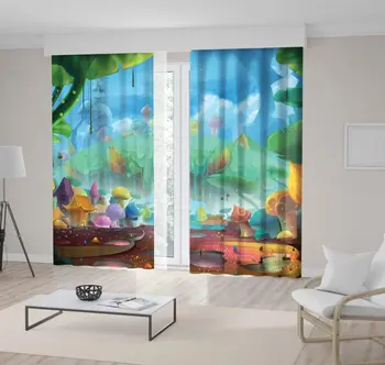 

Curtain Ant Planet Cartoon Plant Houses Raindrops Colorful Fairytail World Art Green Yellow Purple