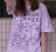 Algodón camiseta con oso Streetwear Verano de gran tamaño, camiseta de las mujeres Harajuku Tops de manga corta Tee Hip Hop teñido camiseta divertida