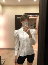 Casual Blouses Office-Shirt Puff-Sleeve Ruched Top White Buttons Collar Turn-Down Streetwear