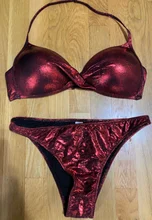 Bikini con cuello Halter para mujer, traje de baño liso de talla grande brillante, conjunto de Bikini bordeado, bañador Sexy de dos piezas con Push-Up 2021