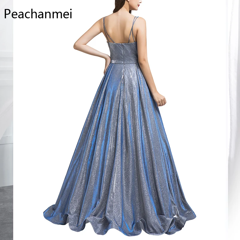 Блестящее металлическое вечернее платье с карманами Robe De Soiree блестящие вечерние свадебные платья 2019 элегантные Vestido de Festa
