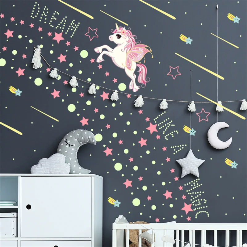 Unicorn Wall Stickers Glow in The Dark Kids Room Decoration Fluorescent Luminous Star Baby Bedroom Phosphor Sticker Decorative