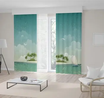 

Curtain Tropic Island Palm Trees Ocean Havaii Beach Vintage Poster Style Artwork in Teal and Green Colors Print