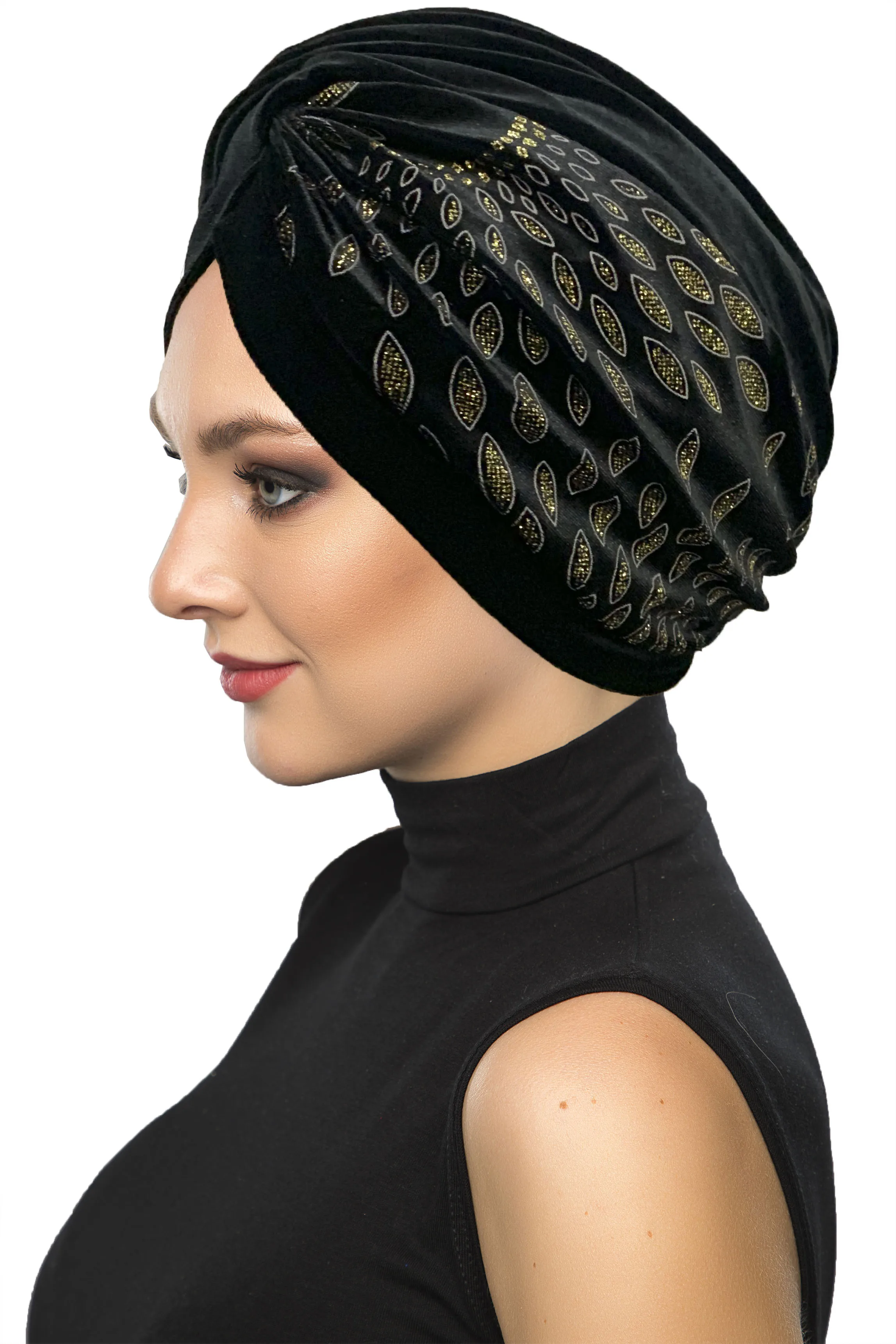 2024 New Fashion Velvet Golden Almond Pattern On Black Ready Turban Hijab Bonnet Scarf Cancer Cap Special Women Product
