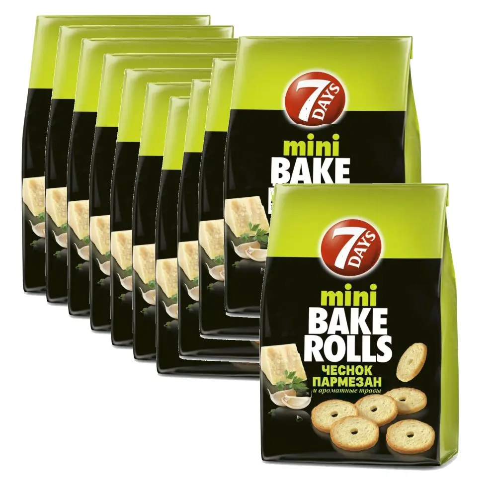 Сухарики мини 7DAYS Bake Rolls с пармезаном чесноком и травами 80г 10 упаковок|Крекеры