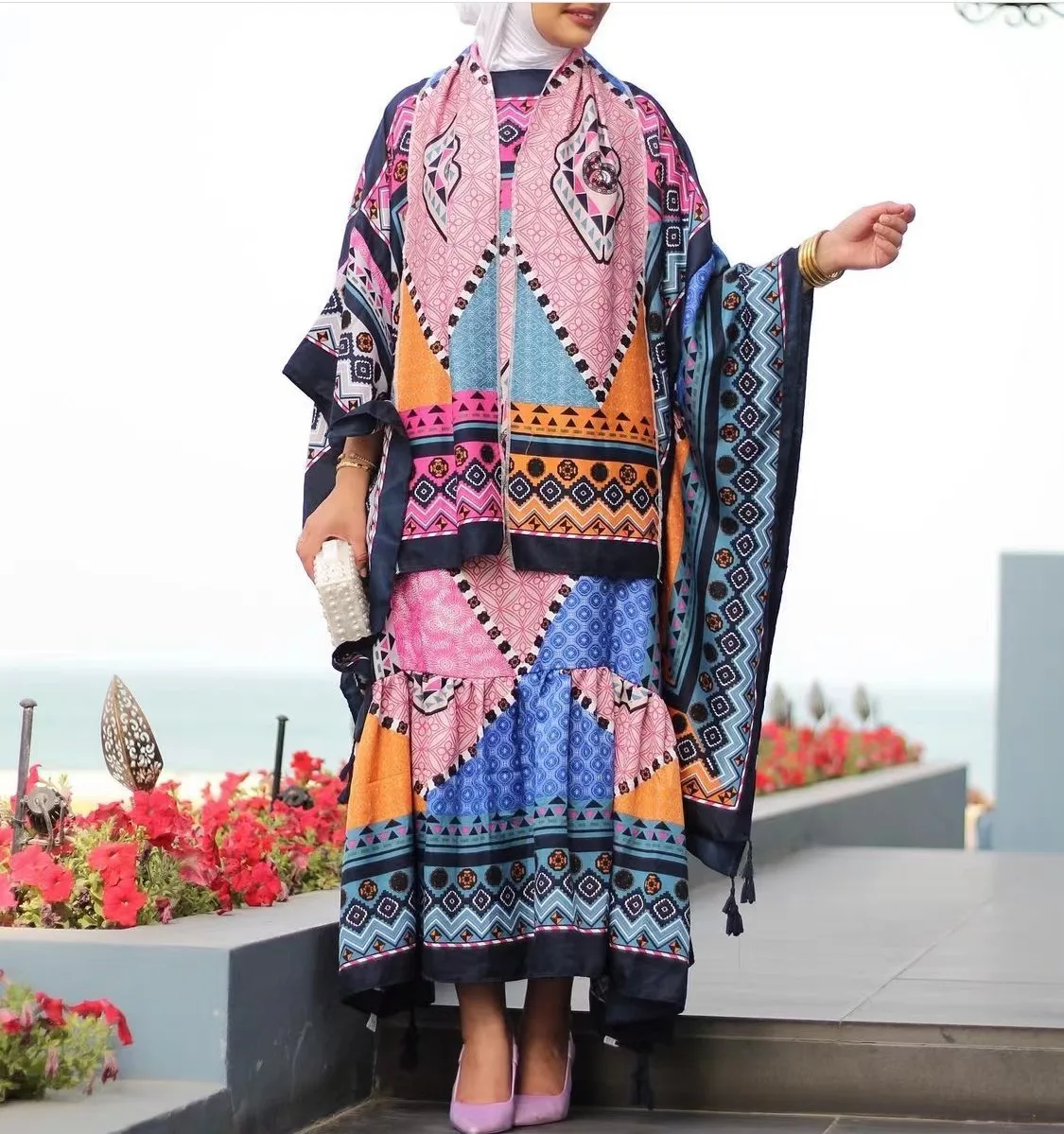 Middle East Popular 2022 Bohemian Cotton Muslim Women's Butterfly Sleeve Kaftan Maxi Dress Kuwait  Lady  Loose Ramadan Abaya