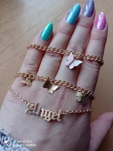 Conjunto de tobilleras de mariposa rosa para mujer, tobillera con letra dorada, cadena de Ángel, pulsera de tobillo para pie, joyería de playa de verano