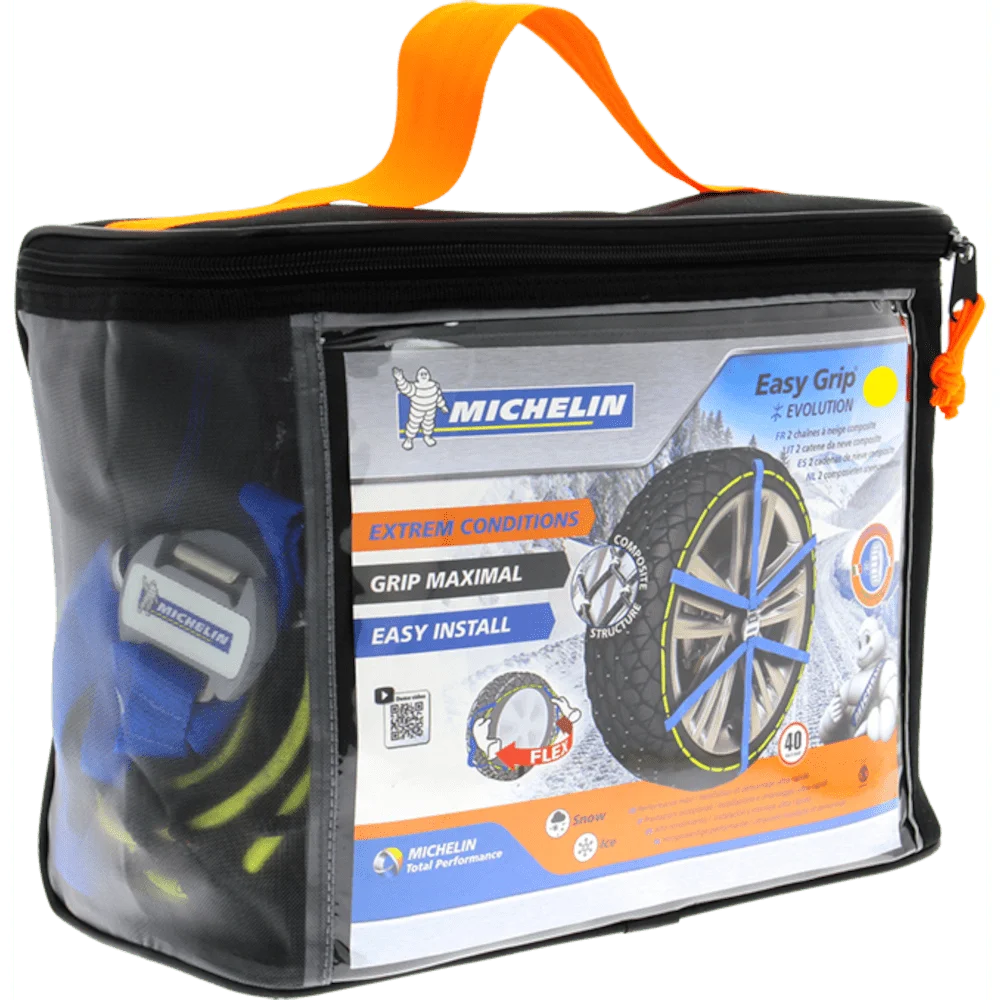 Michelin Easy Grip evolution snow chains car approved EN-16621-2020  composite with Easy metal rings installation sizes 10, 11, 12, 13, 14 and 15