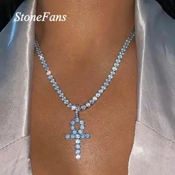 

Stonefans Hip Hop Men Rhinestone Tennis Chain Necklace Pendan Jewelry for Women Adjustable Cross Necklace Choker Charm Jewelry