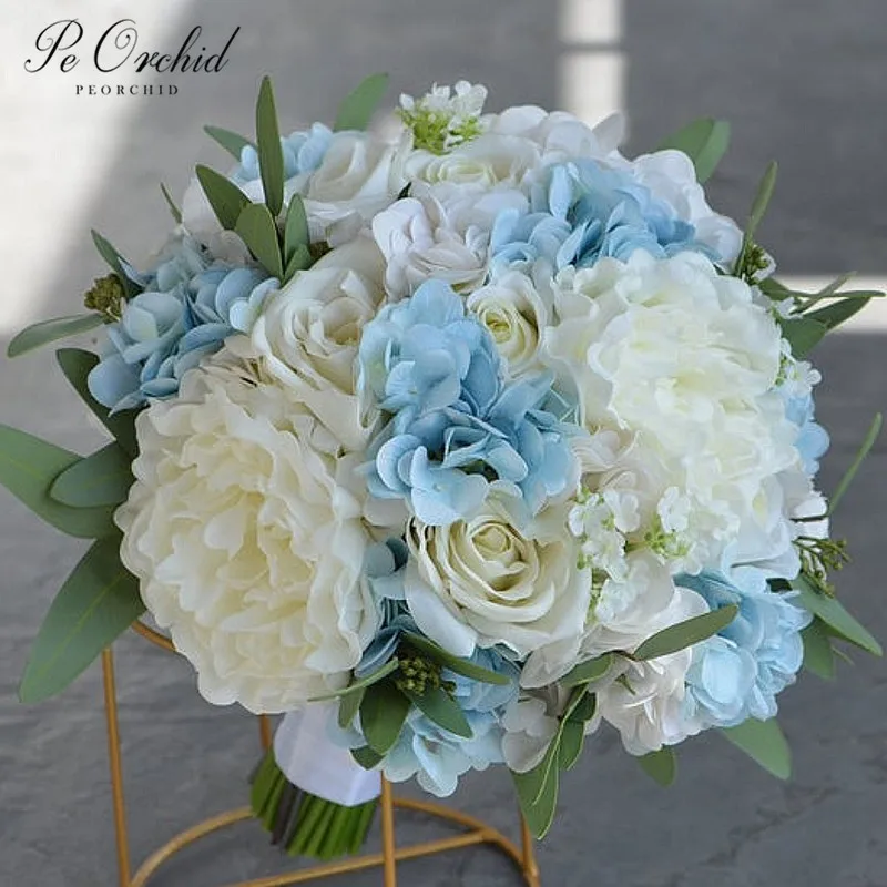 

PEORCHID Beach Light Blue Bridal Bouquets Rustic Silk flowers Artificial Hydrangeas Ivory White Roses Peony Wedding Bouquet