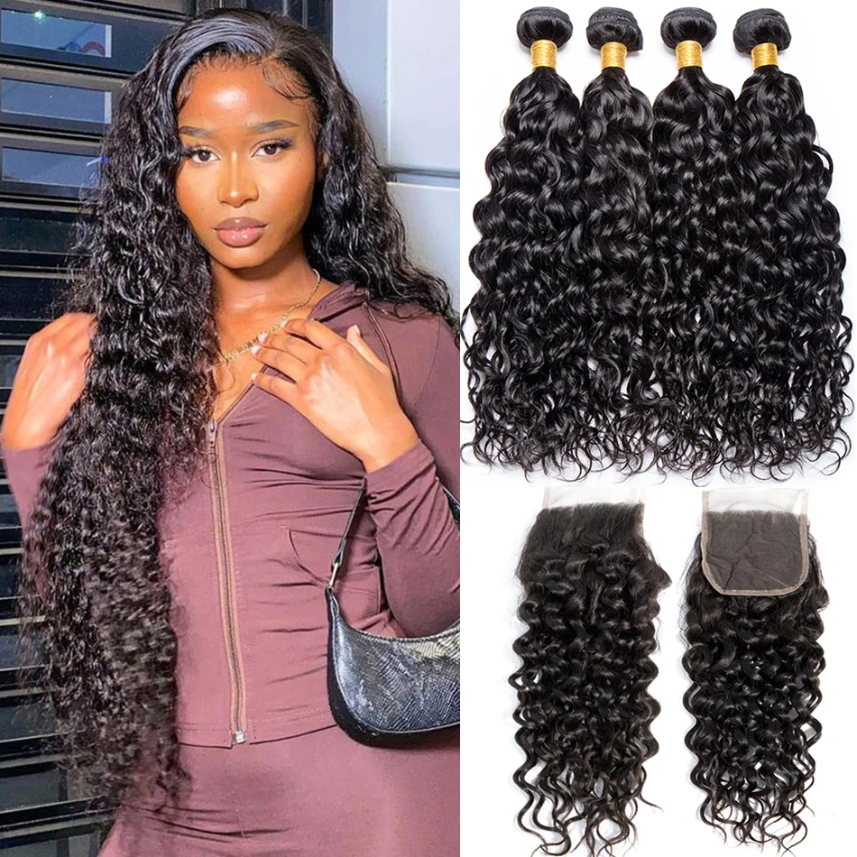 

12A Water Wave Bundles With Closure Brazilian Remy Human Hair Extensions Wet And Wavy Hair Bundles With Lace Frontal