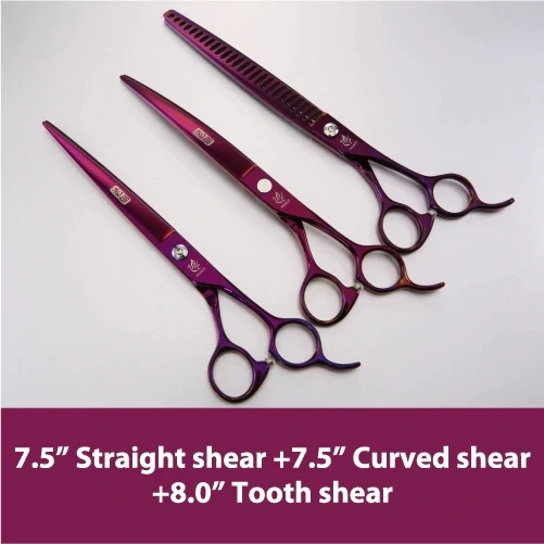 Fenice Professional Pet Grooming Scissors Set Purple Straight Curved Thinning Dog Hair Shear JP440C - Цвет: 7.5cut7.5curve8.0T