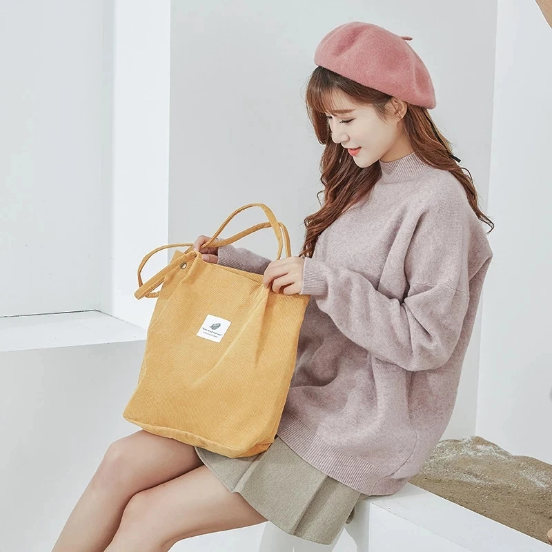 Women Corduroy Shopping Bag Female Canvas Cloth Shoulder Bag Environmental Storage Handbag Reusable Foldable Eco Grocery Totes
