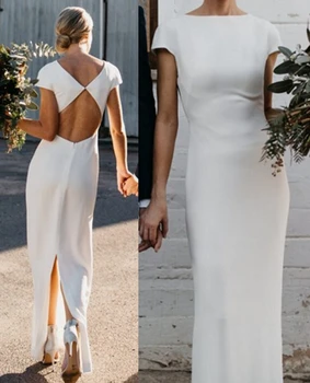 

Scoop open back sheath plain satin wedding dress bridal gown
