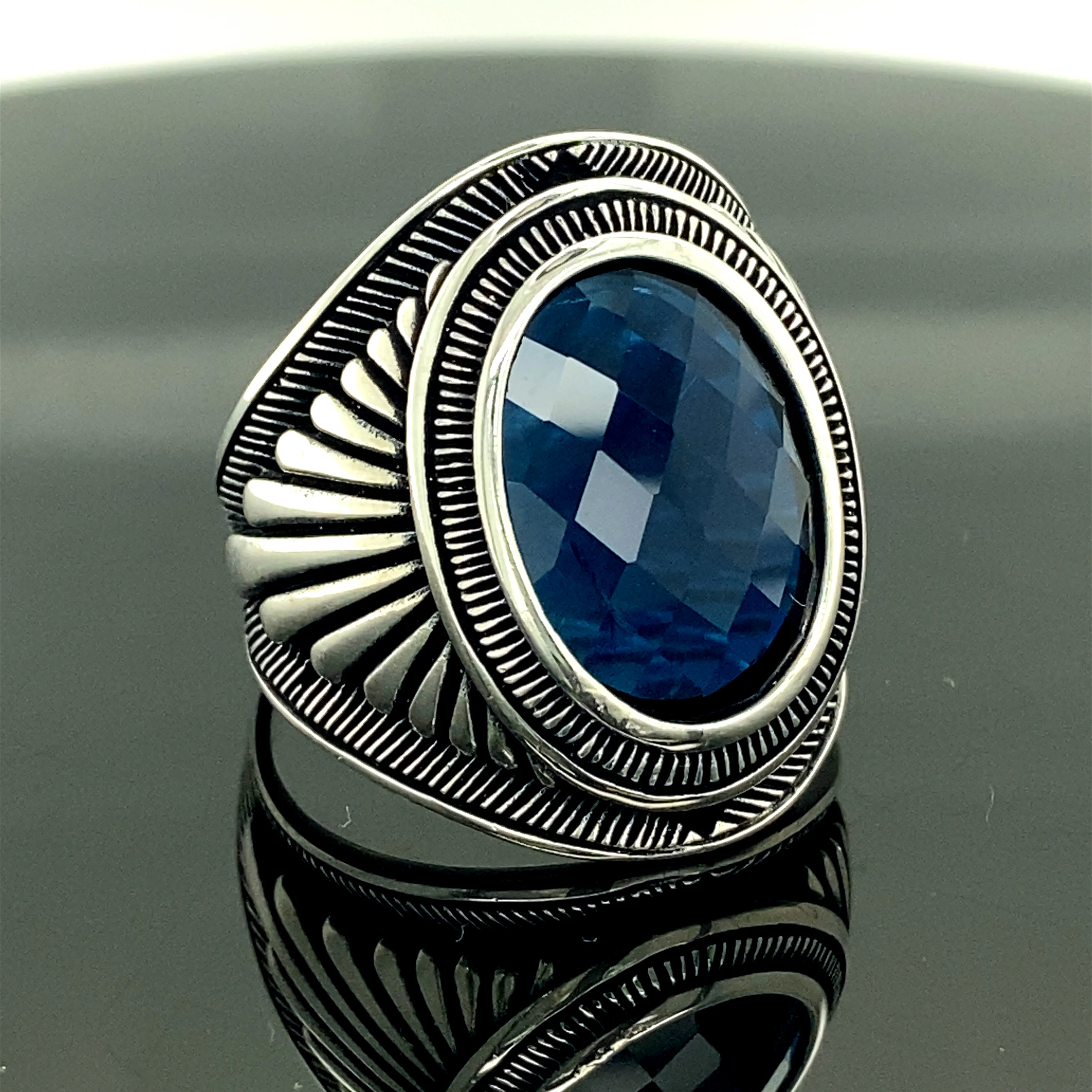 Anillo hecho a mano para hombre, de plata de piedra azul, anillo piedra preciosa ovalado, anillo de hombre bordado, regalo para él, regalo para marido|Anillos| -