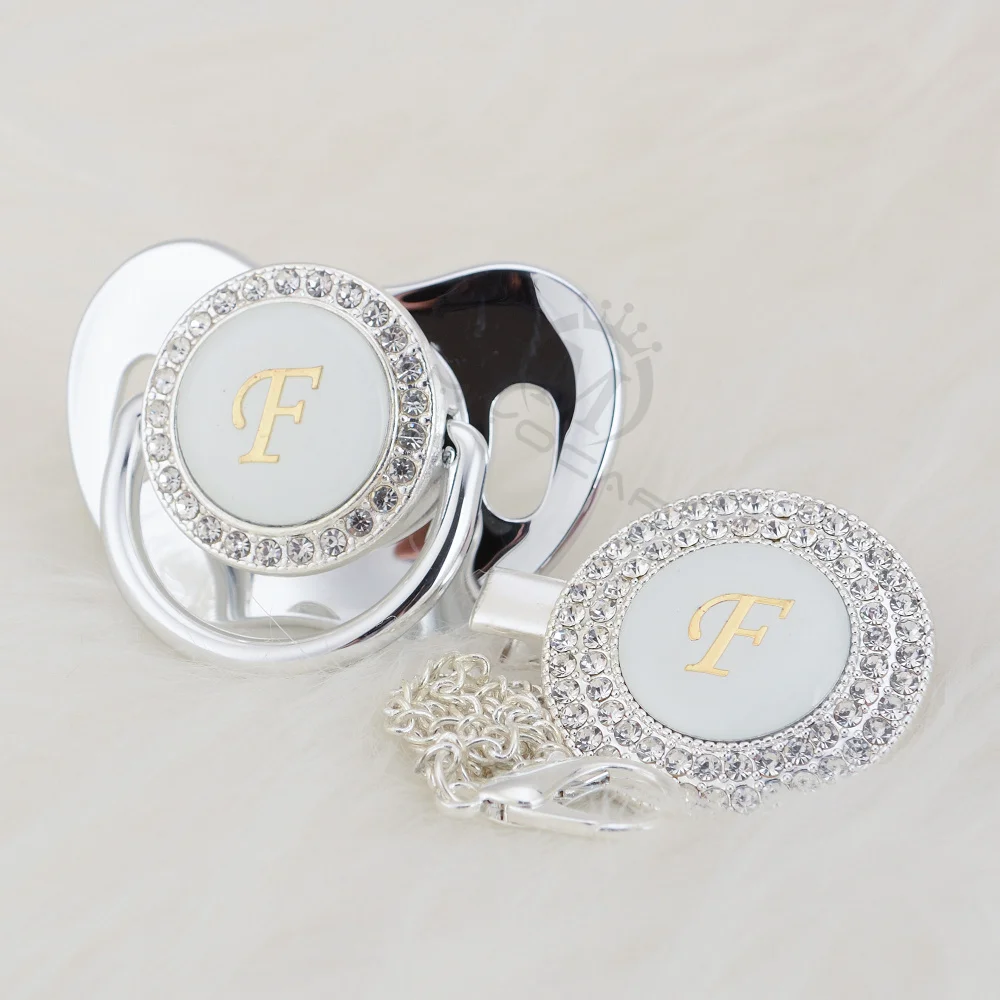

MIYOCAR silver bling pacifier and pacifier clip set name Initials letter F BPA free dummy bling babyshower gift LF-1