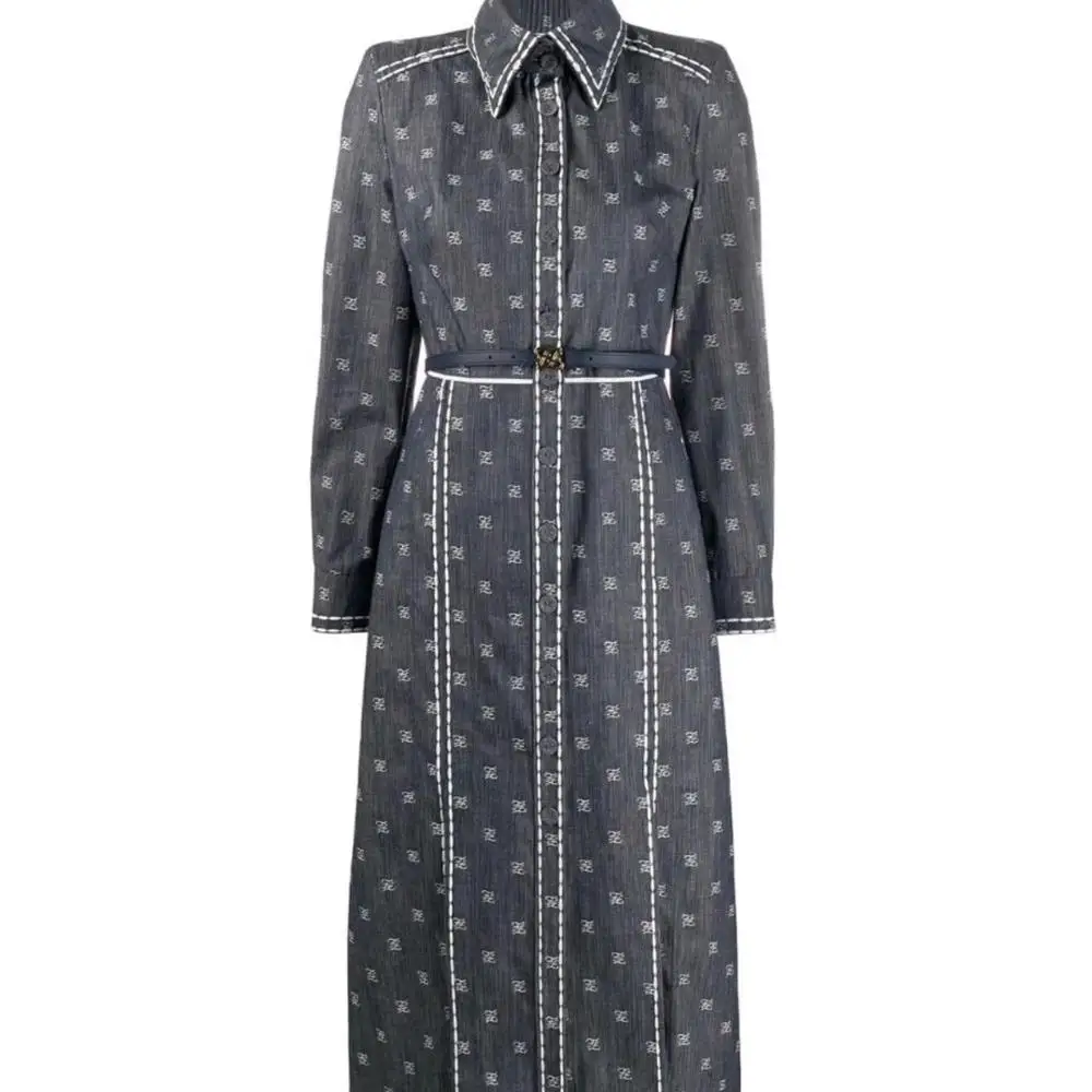 Denim Итальянский дизайнер FF джинсовое платье-рубашка с поясом бренд стильный офисный стиль Подиум знаменитости - Цвет: Denim