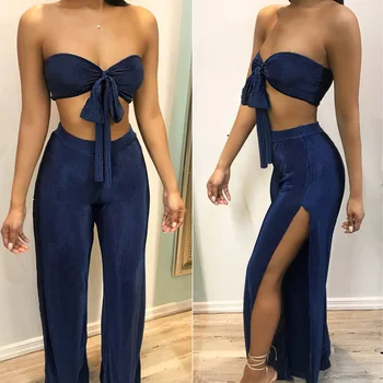 

Sexy Two Piece Set Summer Women Set Clothes Bandage Strapless Crop Top and Split Wide-Legged Pants Women Sets Outfits