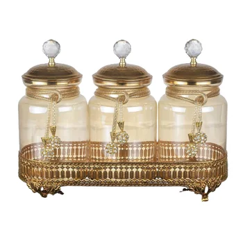

3PCS-Jar Revolving Spice Rack Organizer Holder Lids and Spice Rack Organizer with Glass Gold Decorative Bottles Made in Turkey