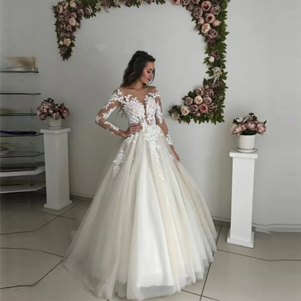 

2020 New Wedding Dresses White Lace Appliques Long Sleeve Scoop Neckline Vestido De Noiva Bridal Wedding Gowns