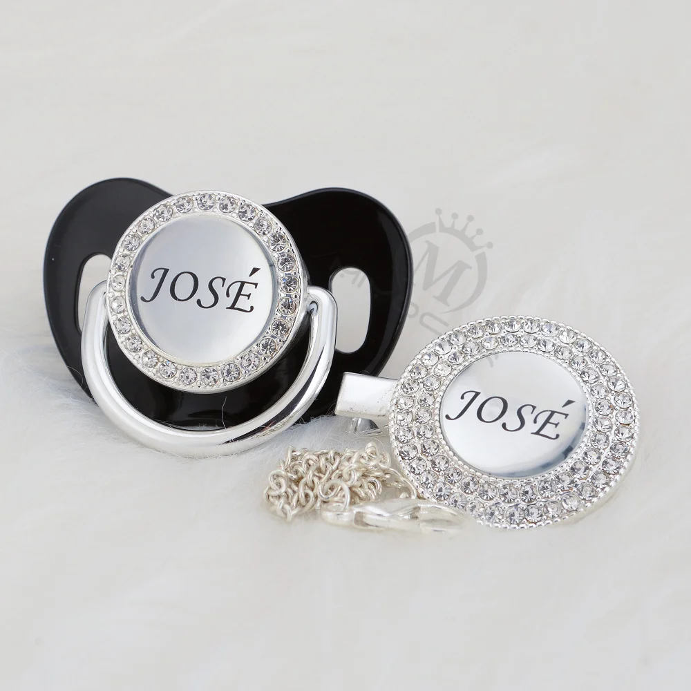 

MIYOCAR custom any name photo bling silver pacifier and pacifier clip silver collection BPA free dummy unique design P8-1w