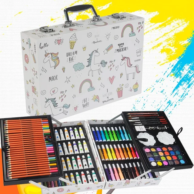 145 pieces drawing kit suitcase: felt pens, pencils