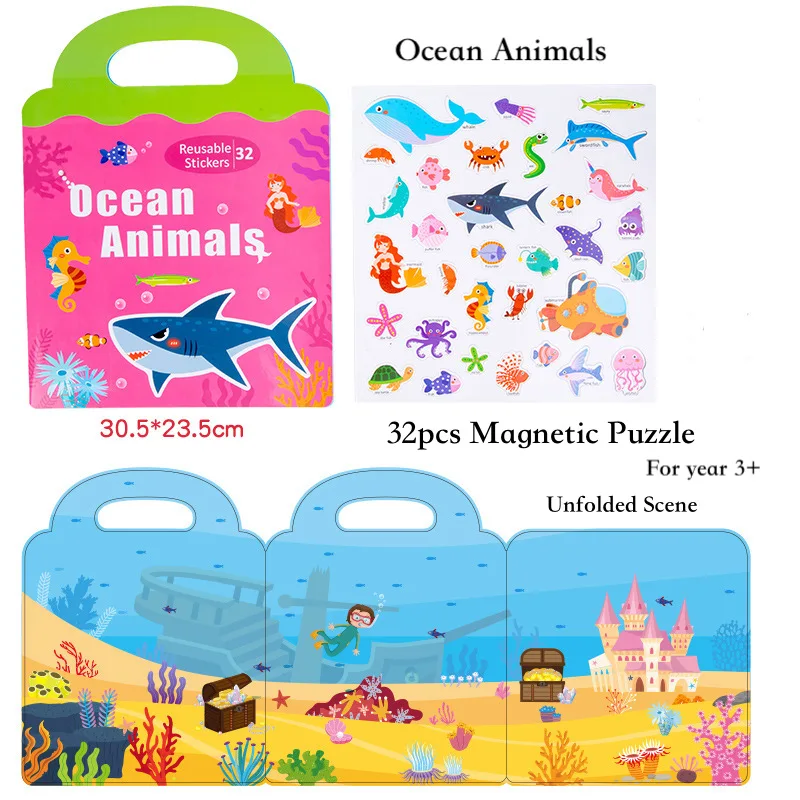 Portable Magnetic Sticker Book Reusable Scenarios Books Cartoon Cognition  Preschool Educational Montessori Learning Toy 3-6 Gift