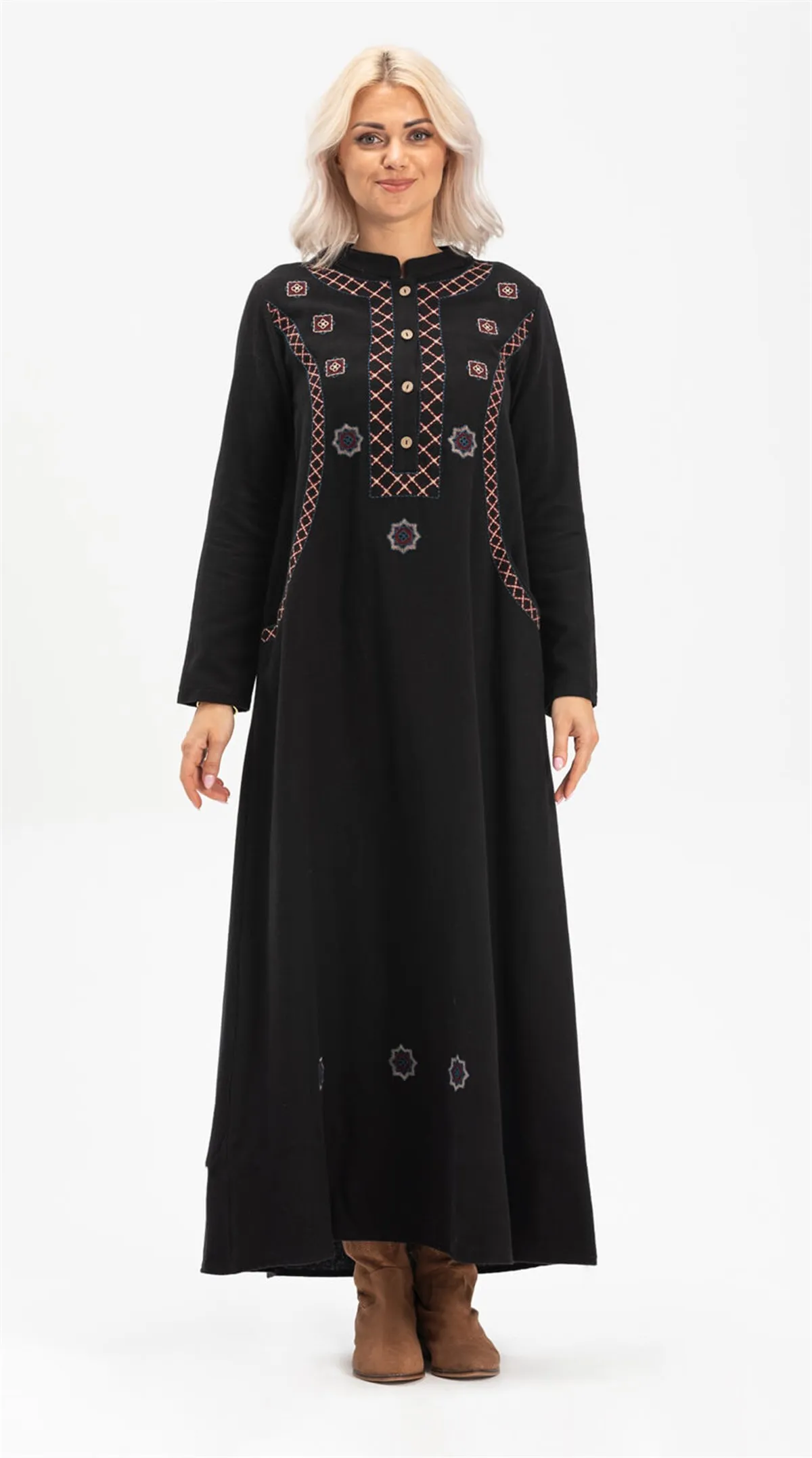 

Handmade Woven Flannel Fabric Mandarin Collar Pockets Long Winter Islamic Dress New Muslim Fashion Women's Clothing 4 Color