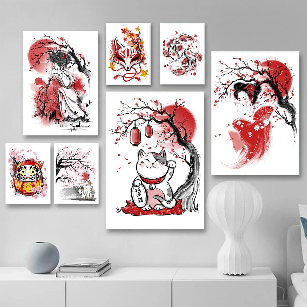 

Red Ink Geisha Cat Koi Landscape Poster Japanese Art Canvas Painting Prints Wall Art Pictures for Living Room Home Decoration